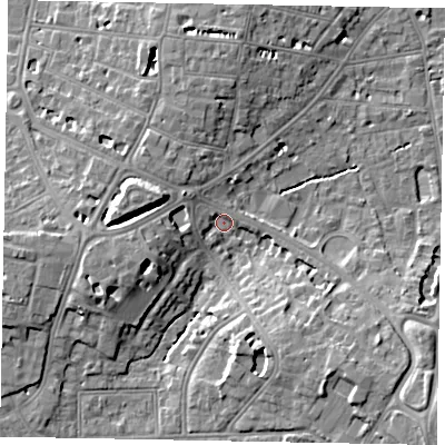Shaded relief map of the ground around SL43EQ, computed from Environment Agency LiDAR. The ground here sits at about 22 m above sea level and falls 10 m across the surrounding 800 m. Surface water reaching this point runs off ground lying to the west-south-west, 7.0 m higher.