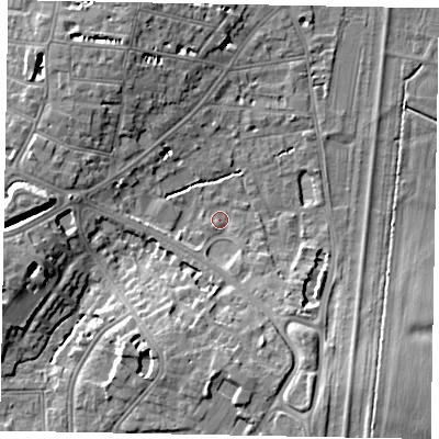 Shaded relief map of the ground around SL43ER, computed from Environment Agency LiDAR. The ground here sits at about 21 m above sea level and falls 10 m across the surrounding 800 m. Surface water reaching this point runs off ground lying to the south-south-east, 4.7 m higher.
