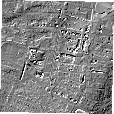 Shaded relief map of the ground around SL43HA, computed from Environment Agency LiDAR. The ground here sits at about 22 m above sea level and falls 10 m across the surrounding 800 m. Surface water reaching this point runs off ground lying to the south-south-east, 7.4 m higher.