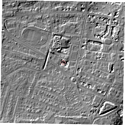 Shaded relief map of the ground around SL43HD, computed from Environment Agency LiDAR. The ground here sits at about 20 m above sea level and falls 10 m across the surrounding 800 m. Surface water reaching this point runs off ground lying to the south-south-east, 5.0 m higher.