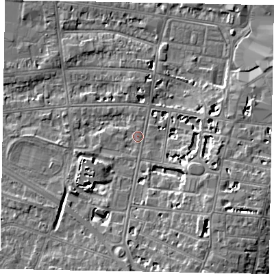 Shaded relief map of the ground around SL43HH, computed from Environment Agency LiDAR. The ground here sits at about 21 m above sea level and falls 8 m across the surrounding 800 m. Surface water reaching this point runs off ground lying to the south, 6.0 m higher.