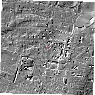 Shaded relief map of the ground around SL43HJ, computed from Environment Agency LiDAR. The ground here sits at about 21 m above sea level and falls 8 m across the surrounding 800 m. Surface water reaching this point runs off ground lying to the south-south-east, 6.6 m higher.