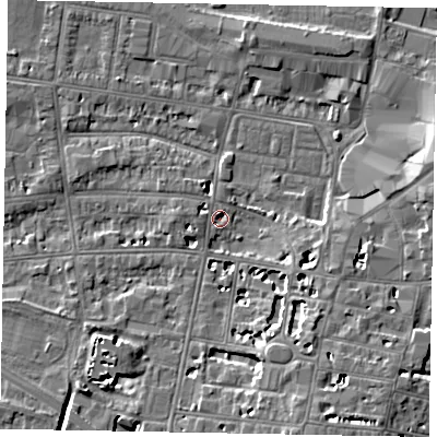 Shaded relief map of the ground around SL43HL, computed from Environment Agency LiDAR. The ground here sits at about 20 m above sea level and falls 8 m across the surrounding 800 m. Surface water reaching this point runs off ground lying to the south-east, 7.6 m higher.