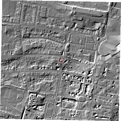 Shaded relief map of the ground around SL43HN, computed from Environment Agency LiDAR. The ground here sits at about 21 m above sea level and falls 8 m across the surrounding 800 m. Surface water reaching this point runs off ground lying to the west, 2.0 m higher.