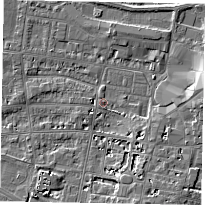 Shaded relief map of the ground around SL43HP, computed from Environment Agency LiDAR. The ground here sits at about 21 m above sea level and falls 8 m across the surrounding 800 m. Surface water reaching this point runs off ground lying to the south-east, 7.2 m higher.