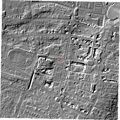 Shaded relief map of the ground around SL43HQ, computed from Environment Agency LiDAR. The ground here sits at about 21 m above sea level and falls 8 m across the surrounding 800 m. Surface water reaching this point runs off ground lying to the south-south-east, 6.9 m higher.
