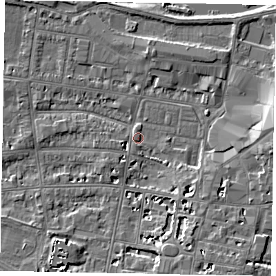Shaded relief map of the ground around SL43HR, computed from Environment Agency LiDAR. The ground here sits at about 21 m above sea level and falls 8 m across the surrounding 800 m. Surface water reaching this point runs off ground lying to the south-south-east, 7.2 m higher.