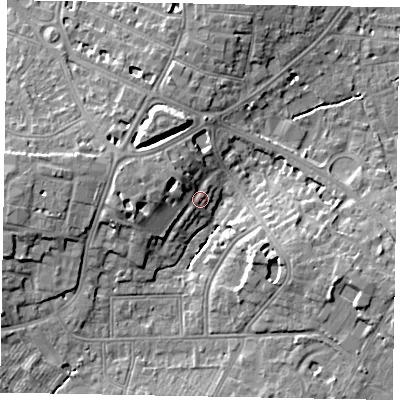 Shaded relief map of the ground around SL43HS, computed from Environment Agency LiDAR. The ground here sits at about 25 m above sea level and falls 10 m across the surrounding 800 m. Surface water reaching this point runs off ground lying to the west-north-west, 4.7 m higher.