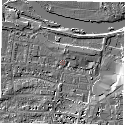 Shaded relief map of the ground around SL43HU, computed from Environment Agency LiDAR. The ground here sits at about 20 m above sea level and falls 9 m across the surrounding 800 m. Surface water reaching this point runs off ground lying to the east-south-east, 7.9 m higher.