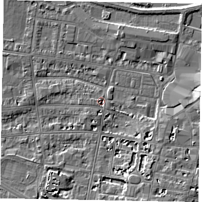 Shaded relief map of the ground around SL43HW, computed from Environment Agency LiDAR. The ground here sits at about 21 m above sea level and falls 8 m across the surrounding 800 m. Surface water reaching this point runs off ground lying to the south-west, 2.7 m higher.