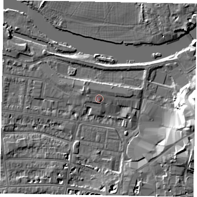 Shaded relief map of the ground around SL43HY, computed from Environment Agency LiDAR. The ground here sits at about 21 m above sea level and falls 19 m across the surrounding 800 m. Surface water reaching this point runs off ground lying to the north-west, 1.0 m higher.