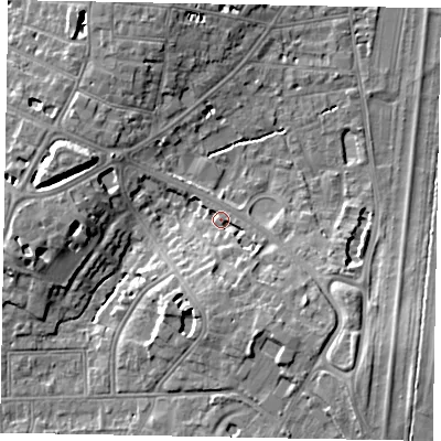 Shaded relief map of the ground around SL43JA, computed from Environment Agency LiDAR. The ground here sits at about 23 m above sea level and falls 10 m across the surrounding 800 m. Surface water reaching this point runs off ground lying to the south-east, 6.1 m higher.