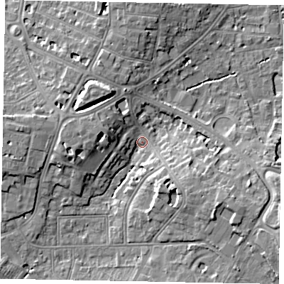 Shaded relief map of the ground around SL43JB, computed from Environment Agency LiDAR. The ground here sits at about 23 m above sea level and falls 10 m across the surrounding 800 m. Surface water reaching this point runs off ground lying to the east-south-east, 8.3 m higher.