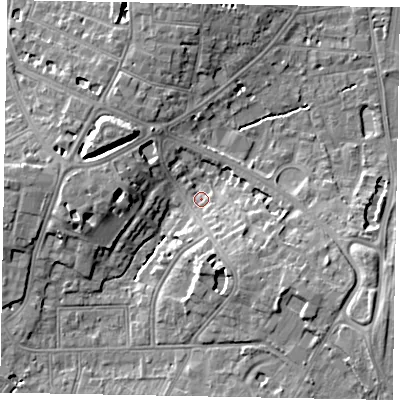 Shaded relief map of the ground around SL43JD, computed from Environment Agency LiDAR. The ground here sits at about 23 m above sea level and falls 10 m across the surrounding 800 m. Surface water reaching this point runs off ground lying to the south-east, 8.3 m higher.