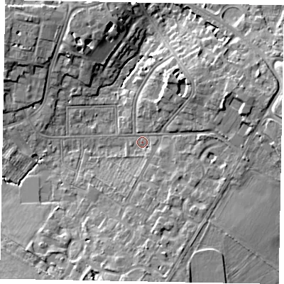Shaded relief map of the ground around SL43JJ, computed from Environment Agency LiDAR. The ground here sits at about 24 m above sea level and falls 9 m across the surrounding 800 m. Surface water reaching this point runs off ground lying to the south, 6.6 m higher.
