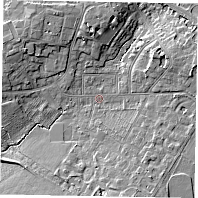 Shaded relief map of the ground around SL43JL, computed from Environment Agency LiDAR. The ground here sits at about 23 m above sea level and falls 9 m across the surrounding 800 m. Surface water reaching this point runs off ground lying to the south-south-east, 8.2 m higher.