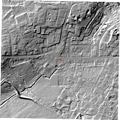 Shaded relief map of the ground around SL43JN, computed from Environment Agency LiDAR. The ground here sits at about 24 m above sea level and falls 11 m across the surrounding 800 m. Surface water reaching this point runs off ground lying to the north-west, 6.2 m higher.
