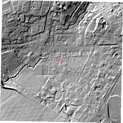 Shaded relief map of the ground around SL43JP, computed from Environment Agency LiDAR. The ground here sits at about 24 m above sea level and falls 11 m across the surrounding 800 m. Surface water reaching this point runs off ground lying to the south-east, 2.8 m higher.
