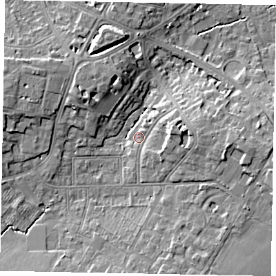 Shaded relief map of the ground around SL43JQ, computed from Environment Agency LiDAR. The ground here sits at about 23 m above sea level and falls 10 m across the surrounding 800 m. Surface water reaching this point runs off ground lying to the east, 7.0 m higher.