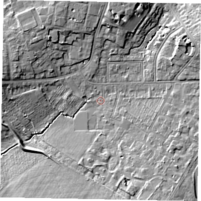 Shaded relief map of the ground around SL43JR, computed from Environment Agency LiDAR. The ground here sits at about 24 m above sea level and falls 11 m across the surrounding 800 m. Surface water reaching this point runs off ground lying to the south-south-east, 9.3 m higher.