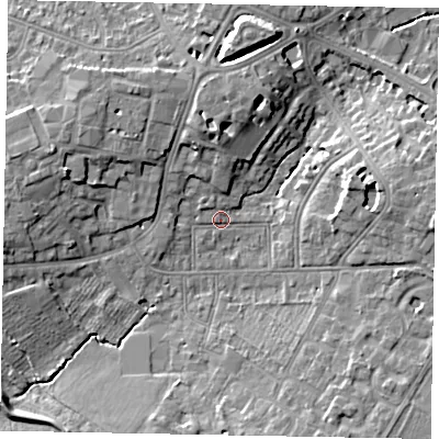Shaded relief map of the ground around SL43JS, computed from Environment Agency LiDAR. The ground here sits at about 24 m above sea level and falls 10 m across the surrounding 800 m. Surface water reaching this point runs off ground lying to the west-north-west, 7.8 m higher.