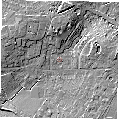 Shaded relief map of the ground around SL43JU, computed from Environment Agency LiDAR. The ground here sits at about 23 m above sea level and falls 10 m across the surrounding 800 m. Surface water reaching this point runs off ground lying to the west-north-west, 7.8 m higher.