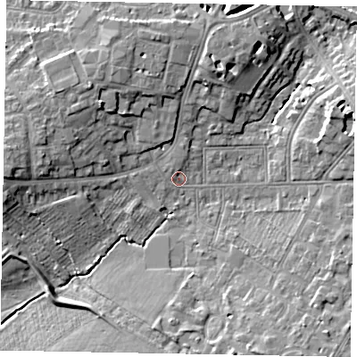 Shaded relief map of the ground around SL43JW, computed from Environment Agency LiDAR. The ground here sits at about 24 m above sea level and falls 11 m across the surrounding 800 m. Surface water reaching this point runs off ground lying to the north-west, 6.3 m higher.