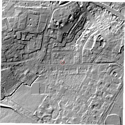 Shaded relief map of the ground around SL43JX, computed from Environment Agency LiDAR. The ground here sits at about 23 m above sea level and falls 9 m across the surrounding 800 m. Surface water reaching this point runs off ground lying to the west-north-west, 7.8 m higher.