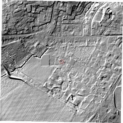 Shaded relief map of the ground around SL43LL, computed from Environment Agency LiDAR. The ground here sits at about 25 m above sea level and falls 12 m across the surrounding 800 m. Surface water reaching this point runs off ground lying to the south-south-east, 6.4 m higher.