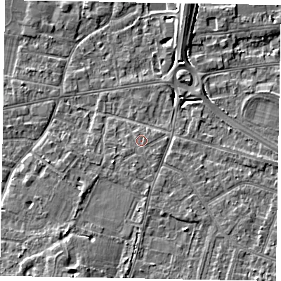 Shaded relief map of the ground around SL43QB, computed from Environment Agency LiDAR. The ground here sits at about 23 m above sea level and falls 8 m across the surrounding 800 m. Surface water reaching this point runs off ground lying to the south, 1.8 m higher.