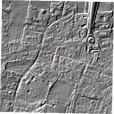 Shaded relief map of the ground around SL43QD, computed from Environment Agency LiDAR. The ground here sits at about 22 m above sea level and falls 8 m across the surrounding 800 m. Surface water reaching this point runs off ground lying to the south-south-east, 2.8 m higher.