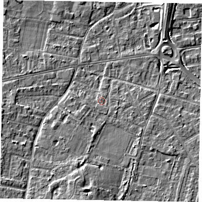 Shaded relief map of the ground around SL43QF, computed from Environment Agency LiDAR. The ground here sits at about 22 m above sea level and falls 9 m across the surrounding 800 m. Surface water reaching this point runs off ground lying to the south, 5.0 m higher.