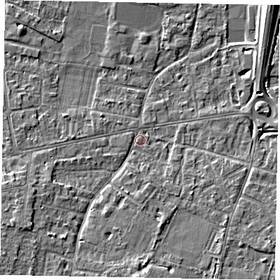 Shaded relief map of the ground around SL43QL, computed from Environment Agency LiDAR. The ground here sits at about 22 m above sea level and falls 9 m across the surrounding 800 m. Surface water reaching this point runs off ground lying to the south-west, 5.2 m higher.