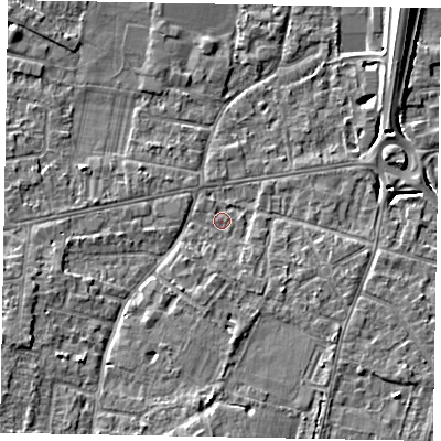 Shaded relief map of the ground around SL43QN, computed from Environment Agency LiDAR. The ground here sits at about 22 m above sea level and falls 8 m across the surrounding 800 m. Surface water reaching this point runs off ground lying to the south, 4.6 m higher.