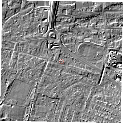 Shaded relief map of the ground around SL43SA, computed from Environment Agency LiDAR. The ground here sits at about 22 m above sea level and falls 8 m across the surrounding 800 m. Surface water reaching this point runs off ground lying to the south-south-east, 2.7 m higher.