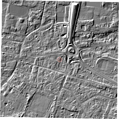 Shaded relief map of the ground around SL43SE, computed from Environment Agency LiDAR. The ground here sits at about 22 m above sea level and falls 9 m across the surrounding 800 m. Surface water reaching this point runs off ground lying to the east, 3.3 m higher.