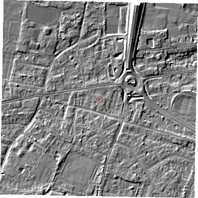 Shaded relief map of the ground around SL43SF, computed from Environment Agency LiDAR. The ground here sits at about 22 m above sea level and falls 9 m across the surrounding 800 m. Surface water reaching this point runs off ground lying to the east-north-east, 3.3 m higher.