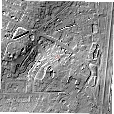 Shaded relief map of the ground around SL43SG, computed from Environment Agency LiDAR. The ground here sits at about 25 m above sea level and falls 10 m across the surrounding 800 m. Surface water reaching this point runs off ground lying to the south, 3.7 m higher.