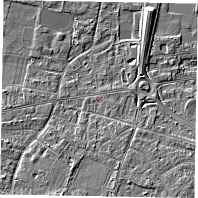 Shaded relief map of the ground around SL43SH, computed from Environment Agency LiDAR. The ground here sits at about 21 m above sea level and falls 9 m across the surrounding 800 m. Surface water reaching this point runs off ground lying to the south-east, 0.8 m higher.