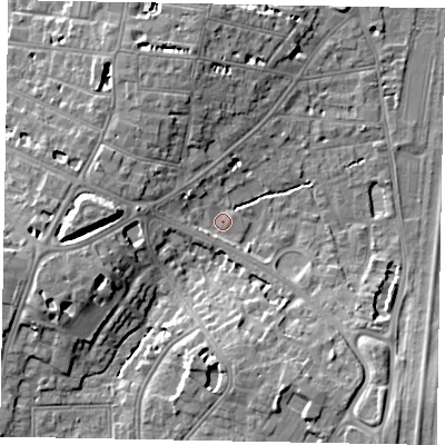 Shaded relief map of the ground around SL43SJ, computed from Environment Agency LiDAR. The ground here sits at about 22 m above sea level and falls 10 m across the surrounding 800 m. Surface water reaching this point runs off ground lying to the west, 3.8 m higher.