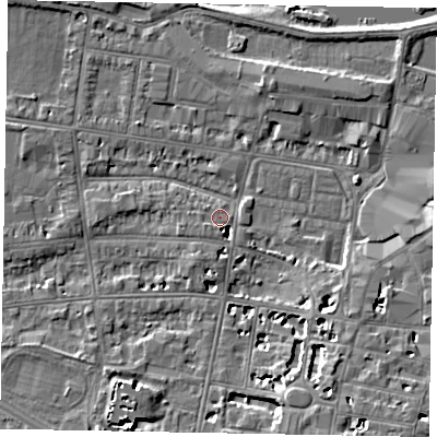 Shaded relief map of the ground around SL43SL, computed from Environment Agency LiDAR. The ground here sits at about 21 m above sea level and falls 8 m across the surrounding 800 m. Surface water reaching this point runs off ground lying to the south-south-west, 2.7 m higher.