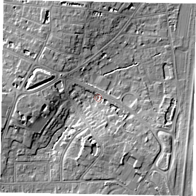 Shaded relief map of the ground around SL43SS, computed from Environment Agency LiDAR. The ground here sits at about 21 m above sea level and falls 10 m across the surrounding 800 m. Surface water reaching this point runs off ground lying to the south-east, 7.9 m higher.
