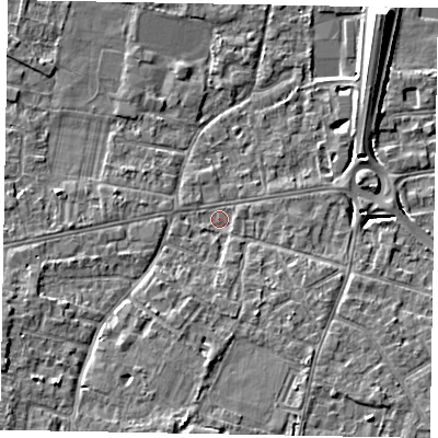 Shaded relief map of the ground around SL43TP, computed from Environment Agency LiDAR. The ground here sits at about 21 m above sea level and falls 9 m across the surrounding 800 m. Surface water reaching this point runs off ground lying to the south, 5.0 m higher.