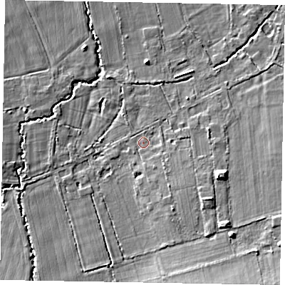 Shaded relief map of the ground around SL44PZ, computed from Environment Agency LiDAR. The ground here sits at about 30 m above sea level and falls 13 m across the surrounding 800 m. Surface water reaching this point runs off ground lying to the south-south-east, 5.0 m higher.