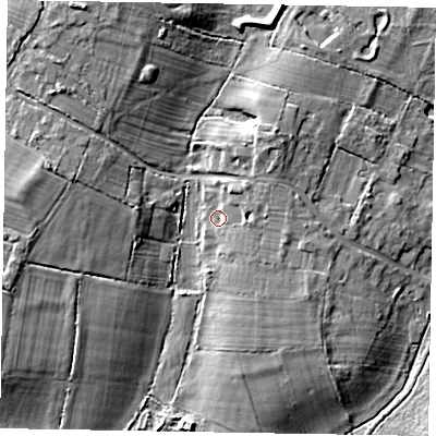 Shaded relief map of the ground around SL44SE, computed from Environment Agency LiDAR. The ground here sits at about 65 m above sea level and falls 12 m across the surrounding 800 m. Surface water reaching this point runs off ground lying to the east-north-east, 2.4 m higher.