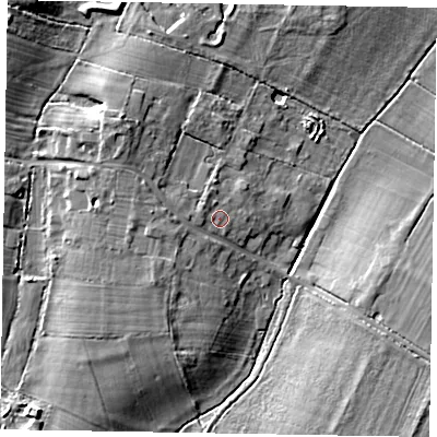 Shaded relief map of the ground around SL44SF, computed from Environment Agency LiDAR. The ground here sits at about 65 m above sea level and falls 9 m across the surrounding 800 m. Surface water reaching this point runs off ground lying to the west-north-west, 1.0 m higher.