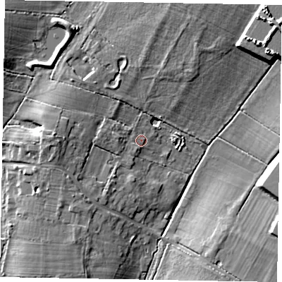 Shaded relief map of the ground around SL44SH, computed from Environment Agency LiDAR. The ground here sits at about 64 m above sea level and falls 9 m across the surrounding 800 m. Surface water reaching this point runs off ground lying to the west, 5.0 m higher.