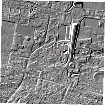 Shaded relief map of the ground around SL45AA, computed from Environment Agency LiDAR. The ground here sits at about 21 m above sea level and falls 9 m across the surrounding 800 m. Surface water reaching this point runs off ground lying to the south-east, 3.3 m higher.