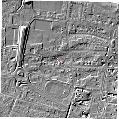 Shaded relief map of the ground around SL45AB, computed from Environment Agency LiDAR. The ground here sits at about 20 m above sea level and falls 9 m across the surrounding 800 m. Surface water reaching this point runs off ground lying to the south-south-east, 5.5 m higher.