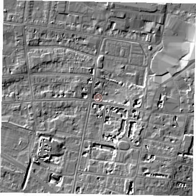 Shaded relief map of the ground around SL45AH, computed from Environment Agency LiDAR. The ground here sits at about 21 m above sea level and falls 8 m across the surrounding 800 m. Surface water reaching this point runs off ground lying to the south-east, 7.6 m higher.